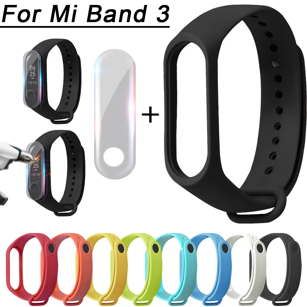 

Soft Silicone Replacement Watch Band + TPU Explosion-proof Film For Xiaomi Mi Band 3 Watch Strap High Quality For Mi Band L0430