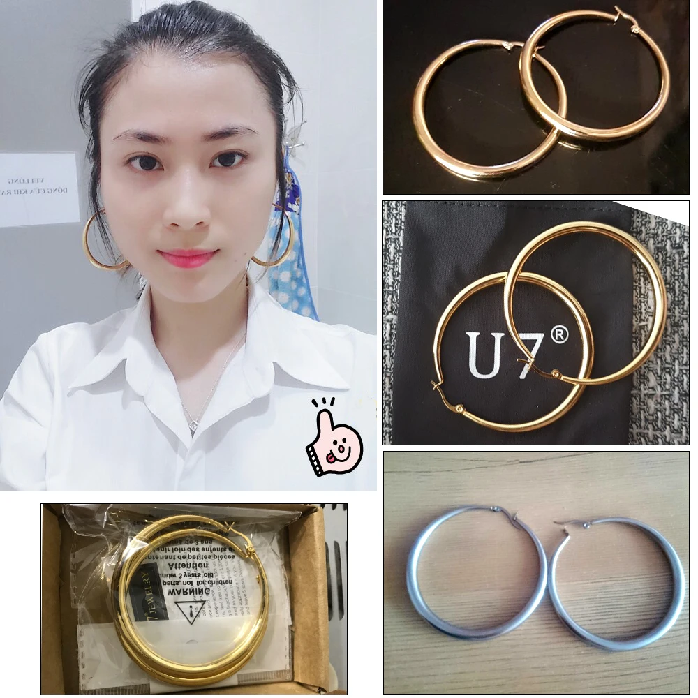 U7 Gold Color Hiphop Big Hoop Earrings Stainless Steel Women Jewelry Minimalist Circle Round Huggie Earring Mother's Gift E365