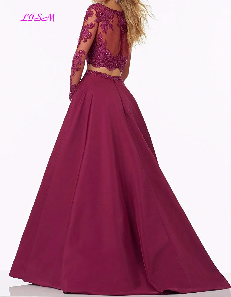 Платье из двух частей с кружевной аппликацией, лифом и бусинами, выпускное платье из атласа с длинным рукавом, торжественное платье трапециевидной формы с открытой спиной, вечерние платья