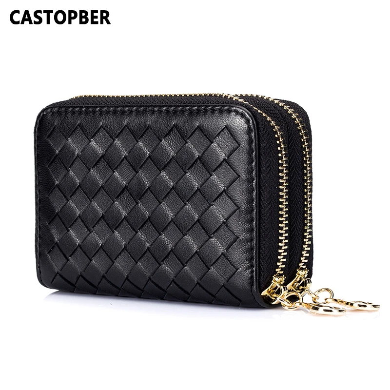 

High Quality Sheepskin Bags Women Weave Card Holder 2 Zipper Handmade Bag Genuine Leather RFID Card Case Coin Purse Famous Brand