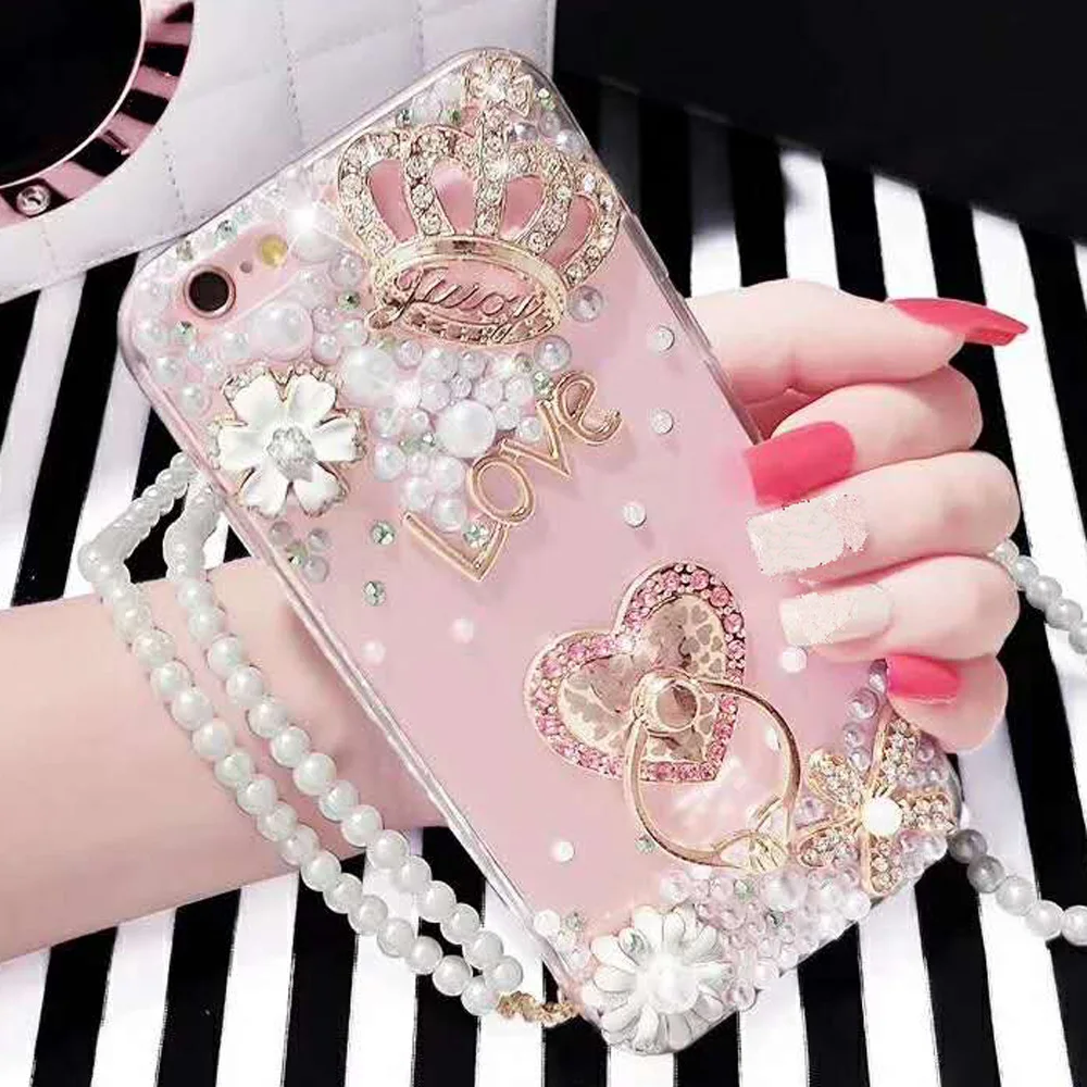 Sunjolly Pearl Lanyard Diamond Case Bling Rhinestone Phone Cover coque fundas for iPhone X 8/8 Plus 7/7 6S/6 5S 5 SE | Мобильные