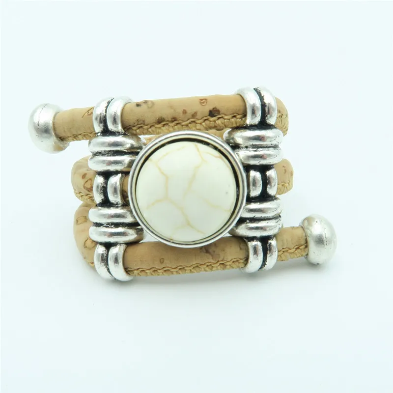 

Natural Cork round white ceramic stone ring Antique Sliver vintage women Ring original adjustable wooden jewelry R-037