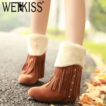 

WETKISS Thick Heel Snow Shoes Super Keep Warm Winter Ankle Boots Round Toe Plush Female Bootie Platform Fringe Thermal Shoes