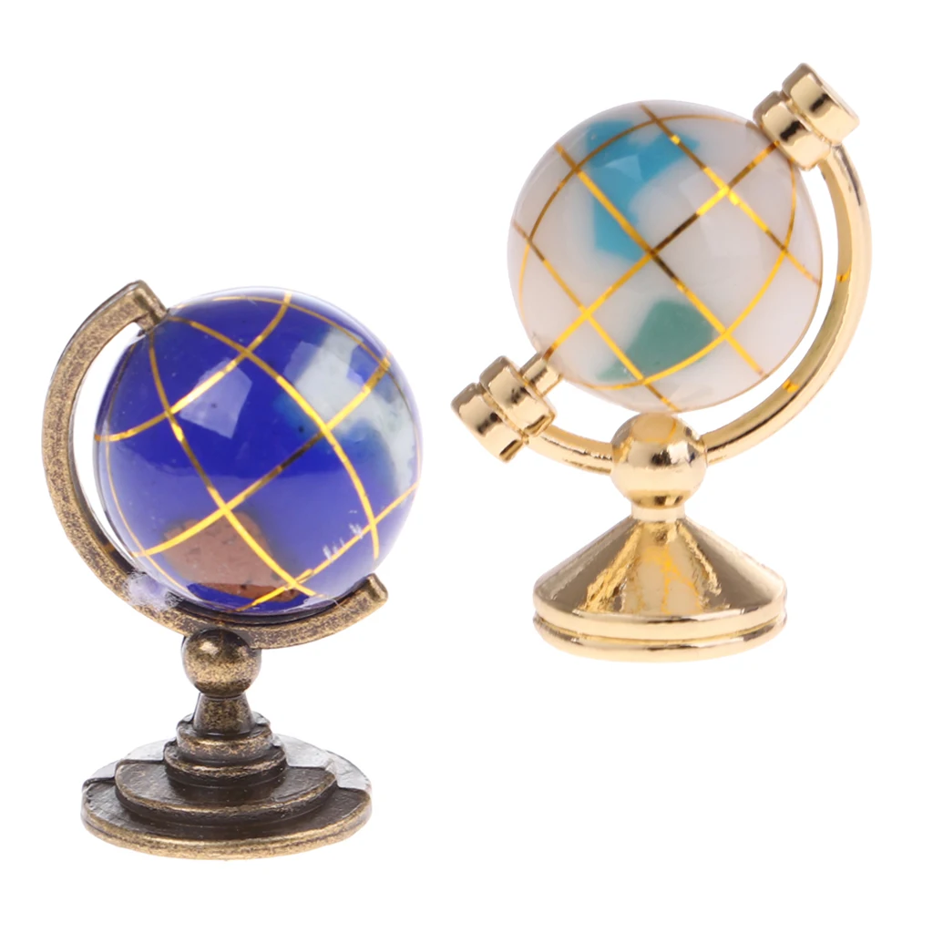 2Pcs Globes w. Golden Stand Dollhouse Study Decor 1:12 Doll House Miniature