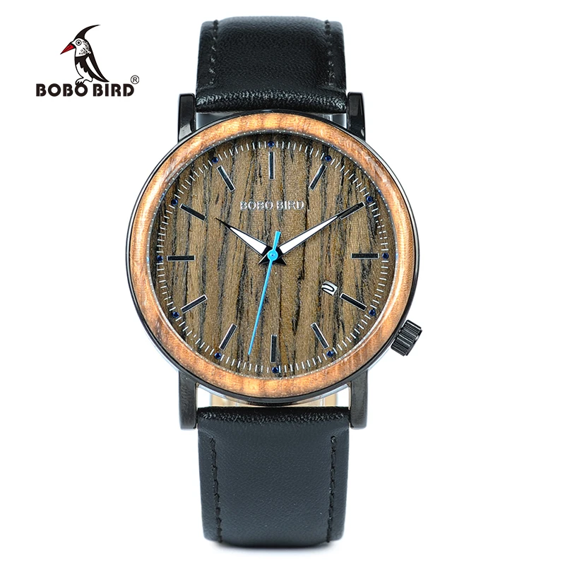 BOBO BIRD Mens Womens Bamboo Wooden Watch Dial Show date Stainless Steel Case With Leather Band erkek kol saati