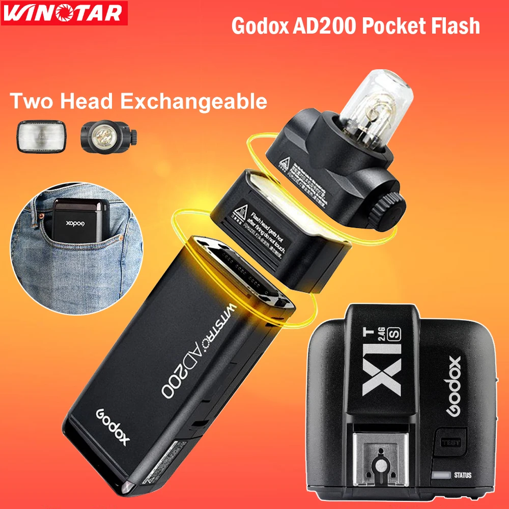 

Godox AD200 Flash Speedlite with 2 Light Heads 200W 2.4G TTL HSS /2900mAh Lithium Battery +X1T-S for Sony A6500 A7RII A7S
