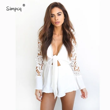 

Real Sexy Bodysuit V-neck Lace Summer Women's Jumpsuit Romper Hollow Out Short Playsuit Elegant Flare Long Sleeve Overalls