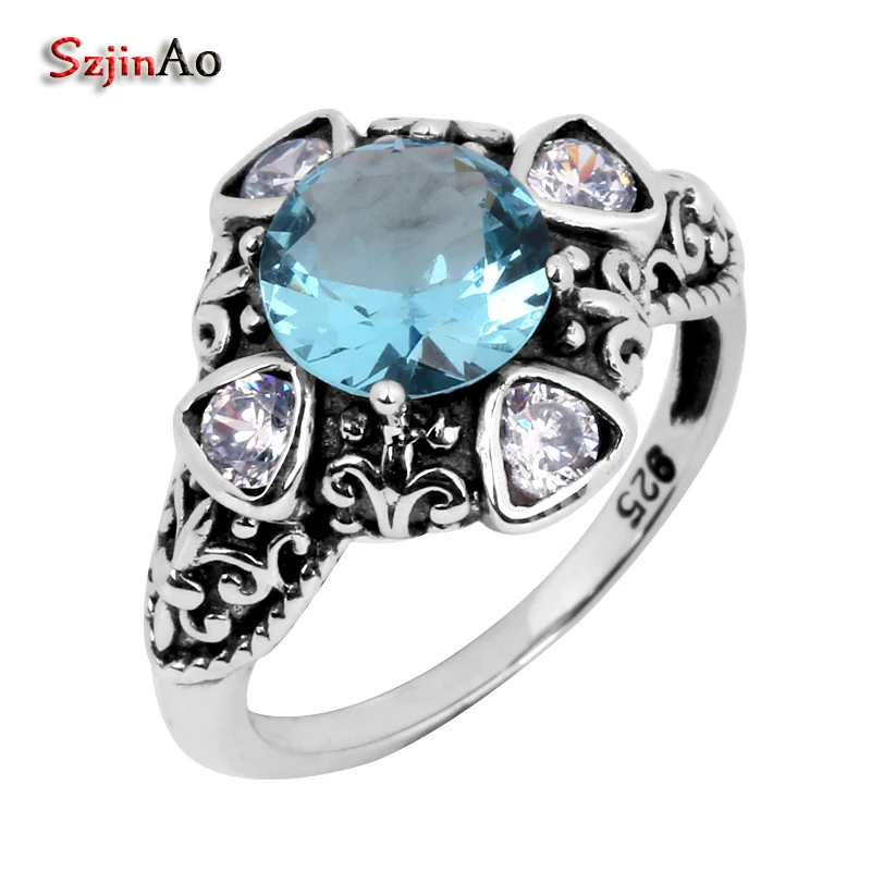 

Szjinao processing custom silver carved antique jewelry boutique jewelry Blue Aquamarine women 925 sterling silver ring