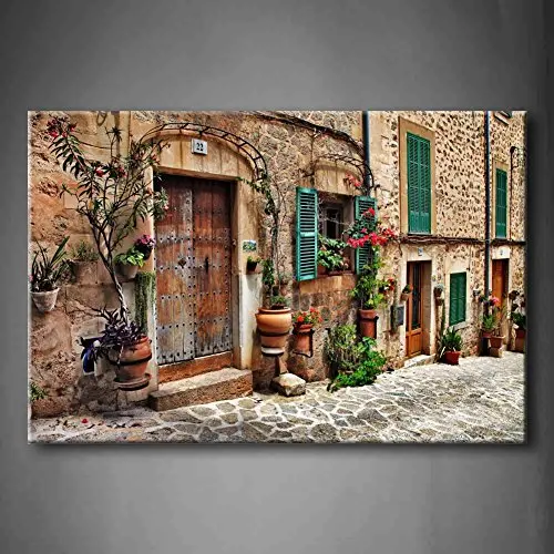 Streets Of Old Mediterranean Town Flower Door Windows Wall Art