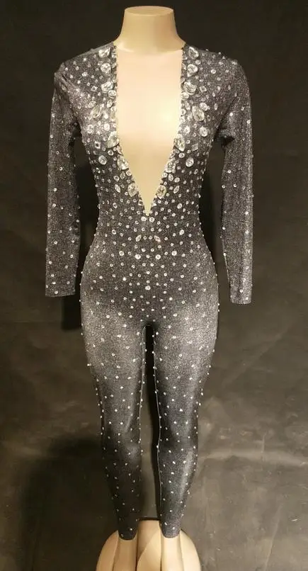 Jumpsuit Женский сексуальный блестящий черный комбинезон боди со стразами женский певец комбинезон для сцены одежда для дня рождения танцевальная одежда комбинезон - Цвет: Jumpsuit