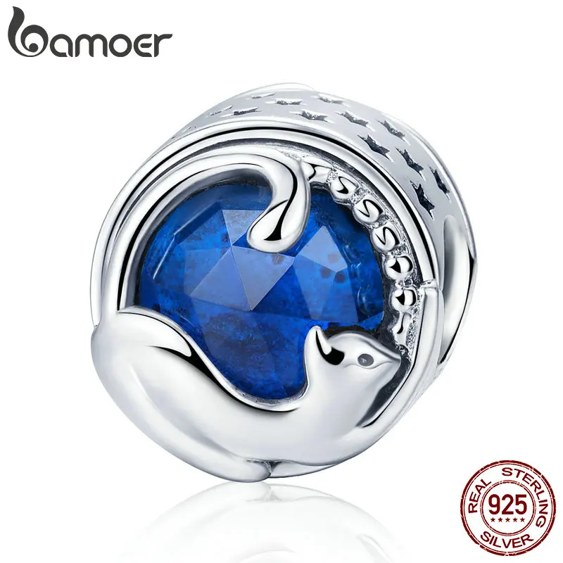 BAMOER 100% 925 Sterling Silver Playing Kitten Cat Blue CZ Charm Beads fit Charm Bracelet & Bangles DIY Jewelry Making SCC708