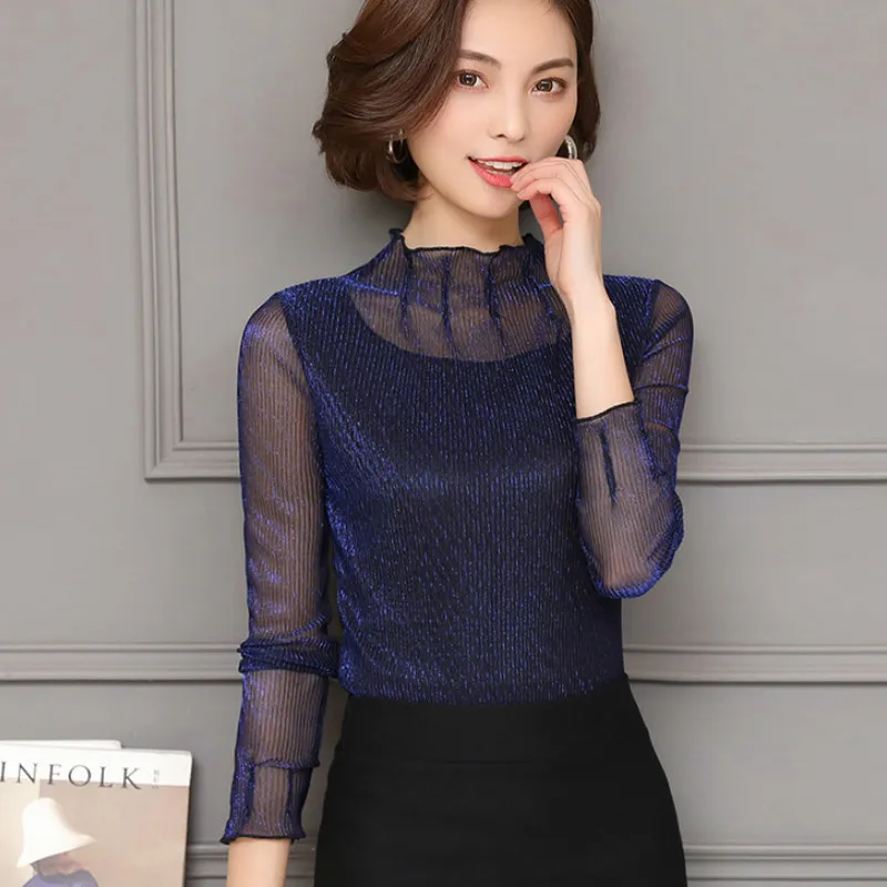 2018 Fashion Long Sleeve Stand Collar Gold Shiny Mesh T shirts Women