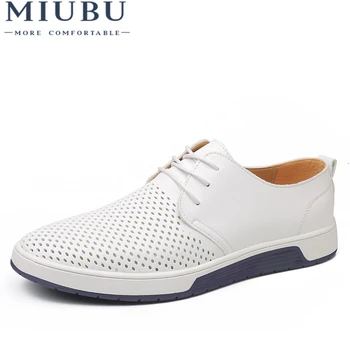 

MIUBU Brand Summer Men Leather Casual Shoes Fashion Breathable Holes White Leisure Shoes Flats Big Size 37-48 Driver Footwear