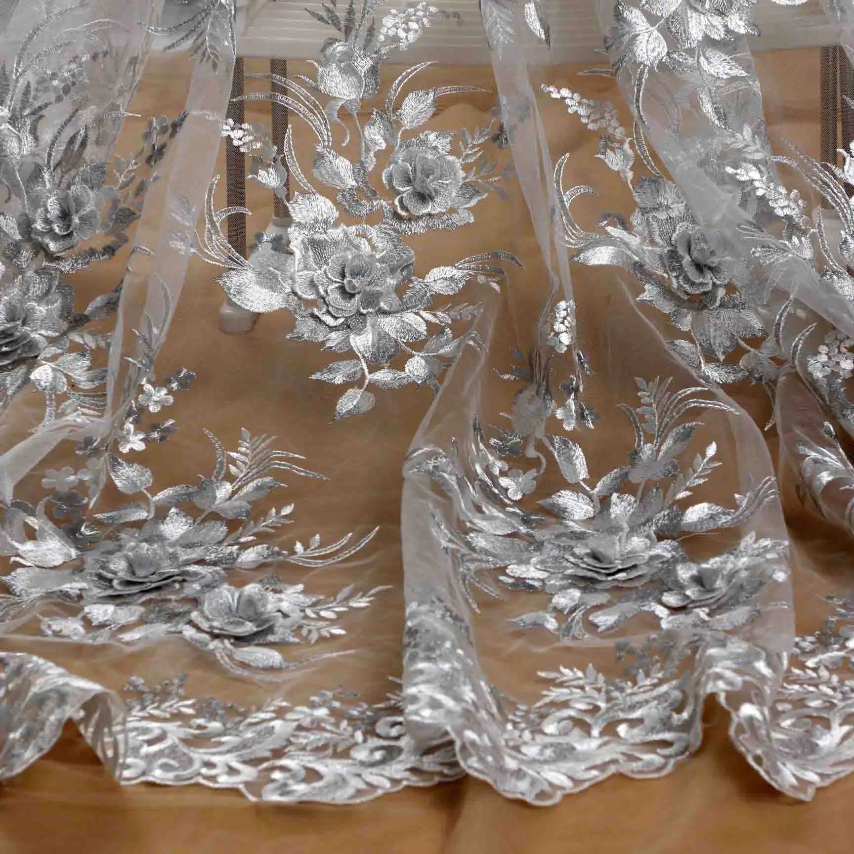 Silver white La Belleza дизайн кружева, темно-розовые 3D Цветы кружевная ткань, розовые 3D Цветы Кружевная Ткань вечернее платье кружевная ткань 1 ярд - Цвет: Silver white