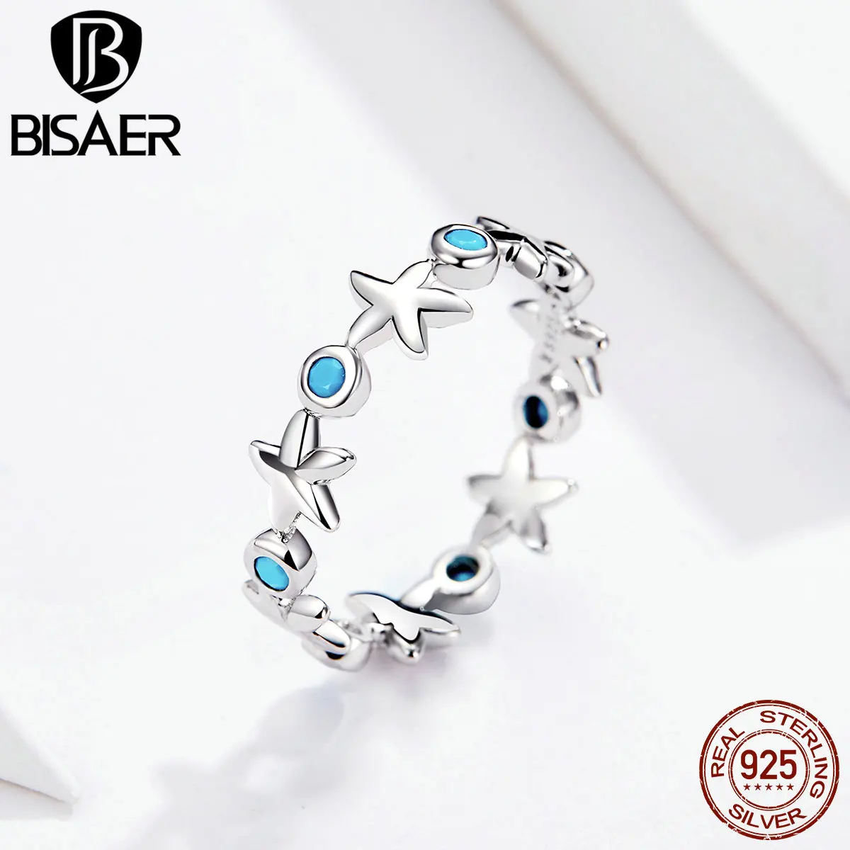 

BISAER Flower 925 Sterling Silver Stackable Starfish Shape Finger Rings for Women 6 7 8 Size Wedding Ring Jewelry Anel ECR527