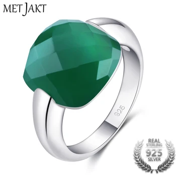 

MetJakt Classic Natural Gemstone Square Emerald Color Rings Solid 925 Sterling Silver Agate Ring for Women Vintage Jewelry