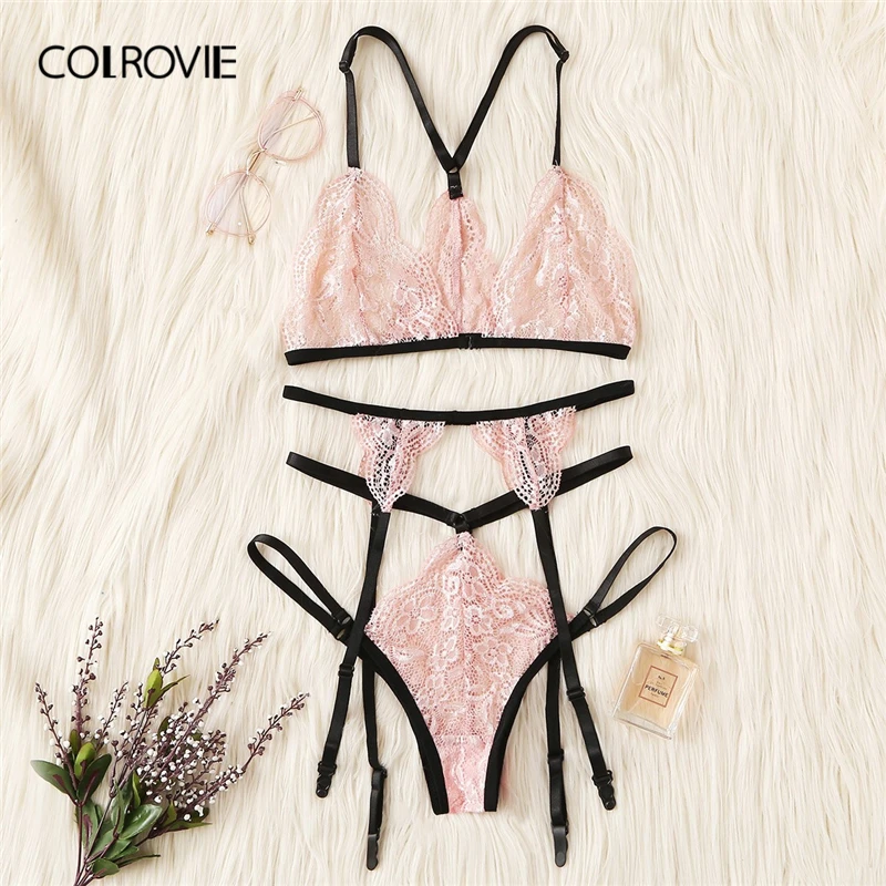 COLROVIE Pink Harness Garter Lace Sexy Intimates Women Lingerie Set 2019 Wireless Cute Transparent Ladies Underwear Bra Set