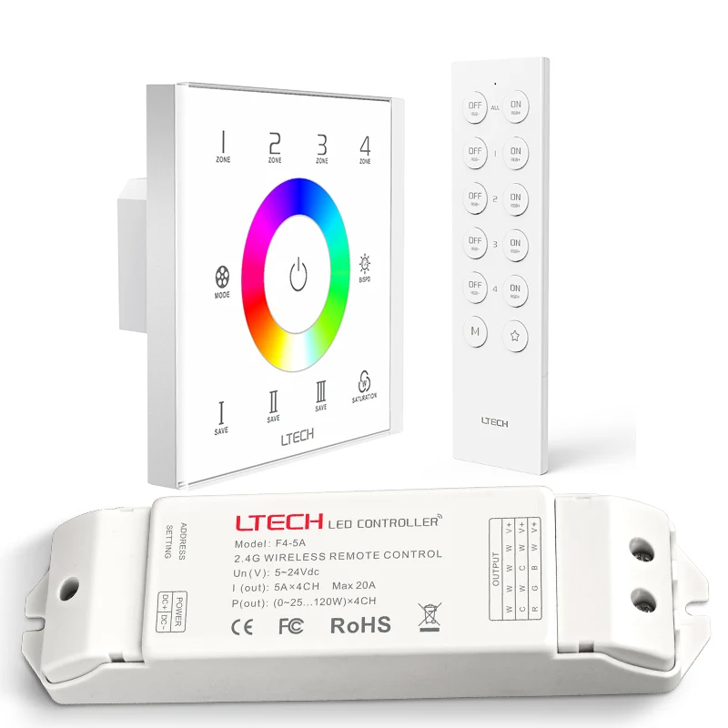 

LTECH RGB/RGBW LED strip Controller EX8S 4 zones Touch Panel AC100~240V 2.4G/DMX Dual Function with Wireless receiver and