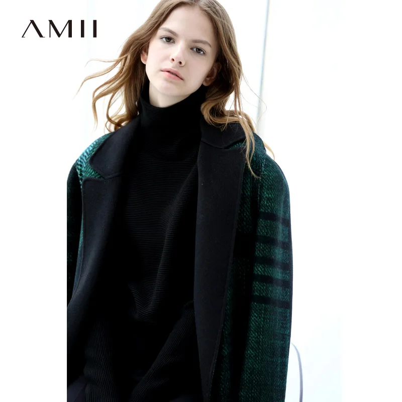 

Amii Minimalist Women 2018 Winter Woolen Coat 100% Wool Plaid Detachable Belt Double-sided Female Wool Blends