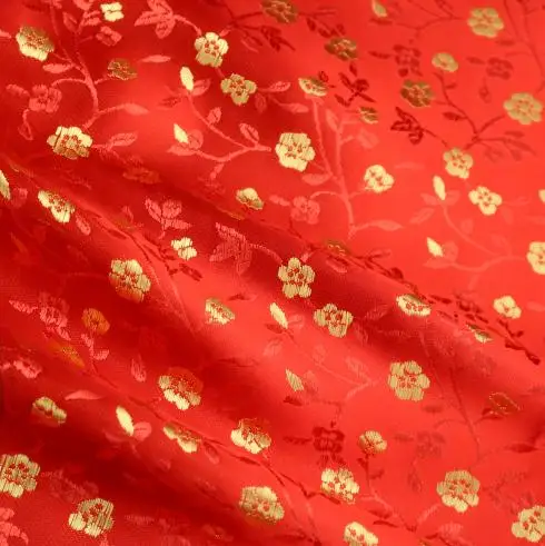 

90cm*100cm Brocade fabric costume cheongsam kimono silk satin fabric gold flowers texture on red color dress clothing diy fabric