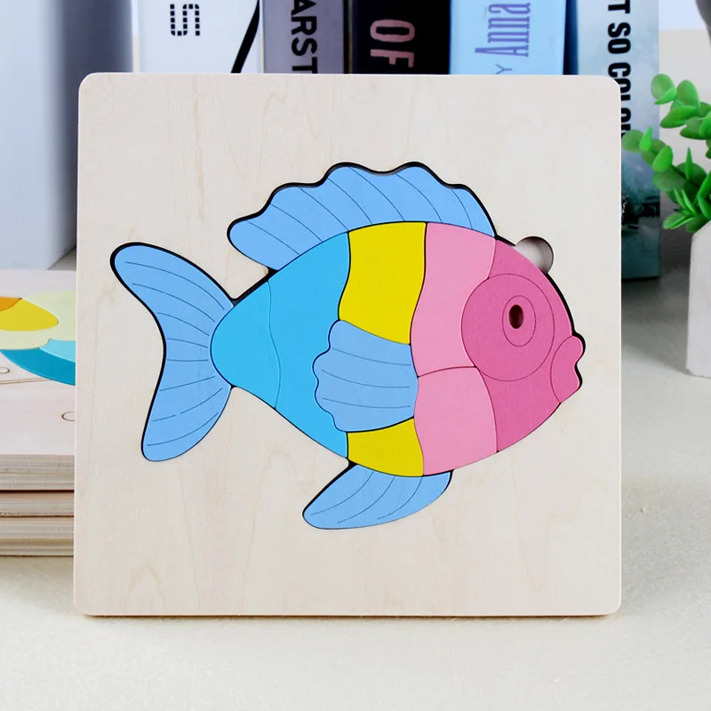 3D деревянные головоломки, игрушки для детей, Деревянные 3d Мультяшные головоломки с животными, интеллектуальные детские развивающие игрушки для детей - Цвет: fish