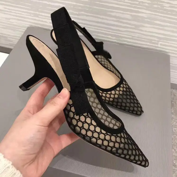 

Summer new black mesh high heels shoes lace openwork with breathable Baotou pointed fine flat women sandals