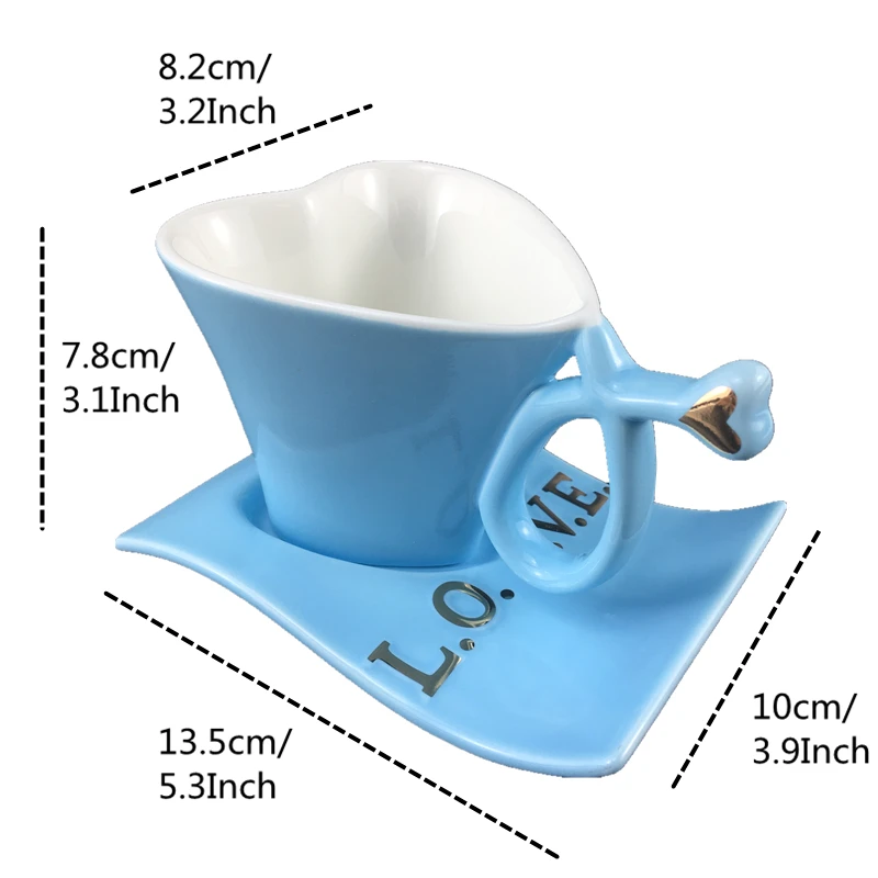 Blue Without Spoon VILEAD, кофейная кружка в форме сердца для влюбленных, модная, керамическая, молочная кружка с тарелкой, для пар, чашка для утреннего чая, для офиса, чашка для воды, подарок для девочек - Цвет: Blue Without Spoon