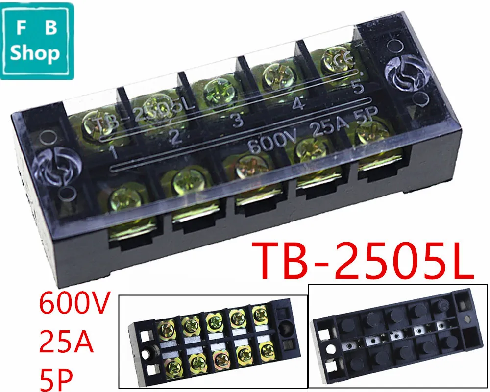 

1Pcs TB-2505 2505L 600V 25A Dual Row 5 Position Screw Terminal Block Strip