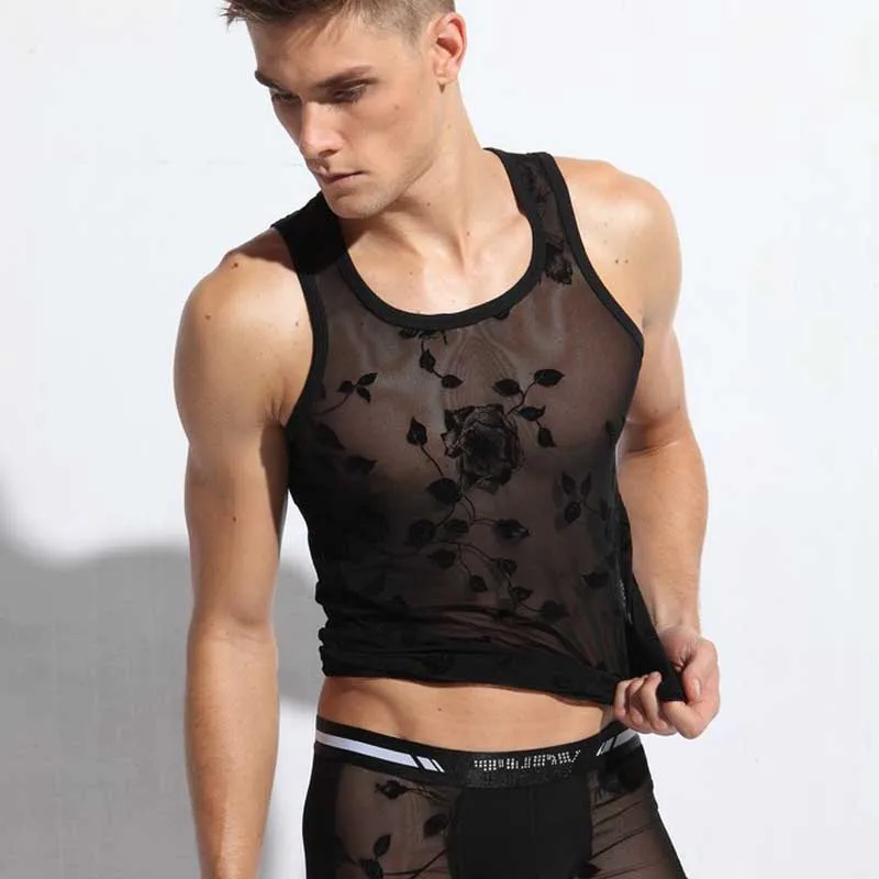 

Summer Style Transparent Lace Tank Tops Rose Pattern Men Undershirt 2016 New Quality Men's Vest Singlets Sleeveless