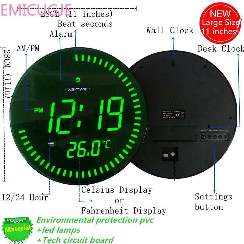 

3d Creative Circular Large Modern Design Home Decor Decoration Big Decorative Round Desk Watch Red Green LED Digital Wall Clock