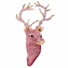 Bella Fashion Gold Tone Pink Bling Deer Head Brooch Pins Austrian Crystal Animal Brooch For Party Jewelry Child Christmas Gift
