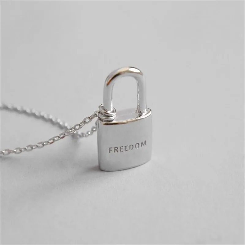 

100% 925 Sterling Silver Jewelry Lock with Letter Freedom Pendant Necklaces for Women Lucky Jewelry