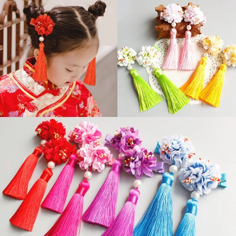 1 Pair Chinese Knot Hair Clips Big Pompom Ball Tassel Hairpin Kids girl