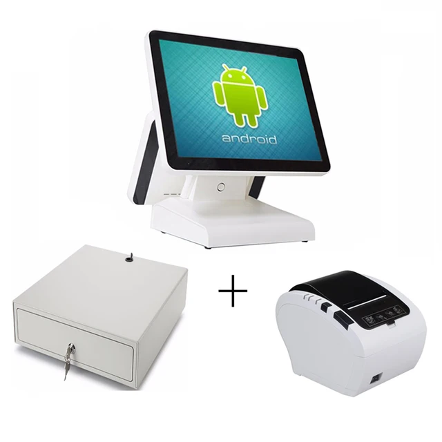 Cheap 15 inch Android all in one pos system Dual screen touch cash register and 80mm thermal printer and 410mm POS cash drawer