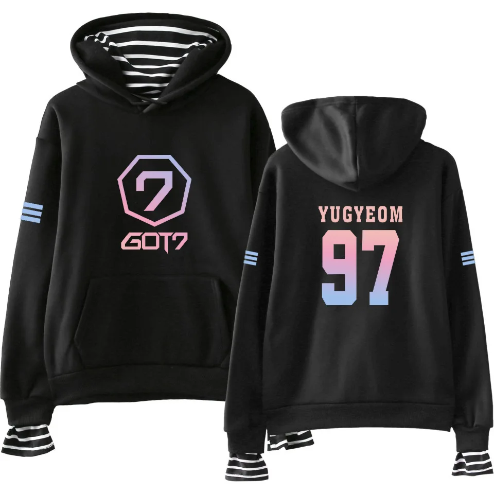 Kpop got7 harajuku свободный вельветовый пуловер с капюшоном и воротником в полоску