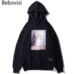 Bebovizi бренд хип-хоп Уличная толстовка с капюшоном 2018 осень Для женщин Для мужчин Ангел кошка печати хлопок Толстовки с капюшоном
