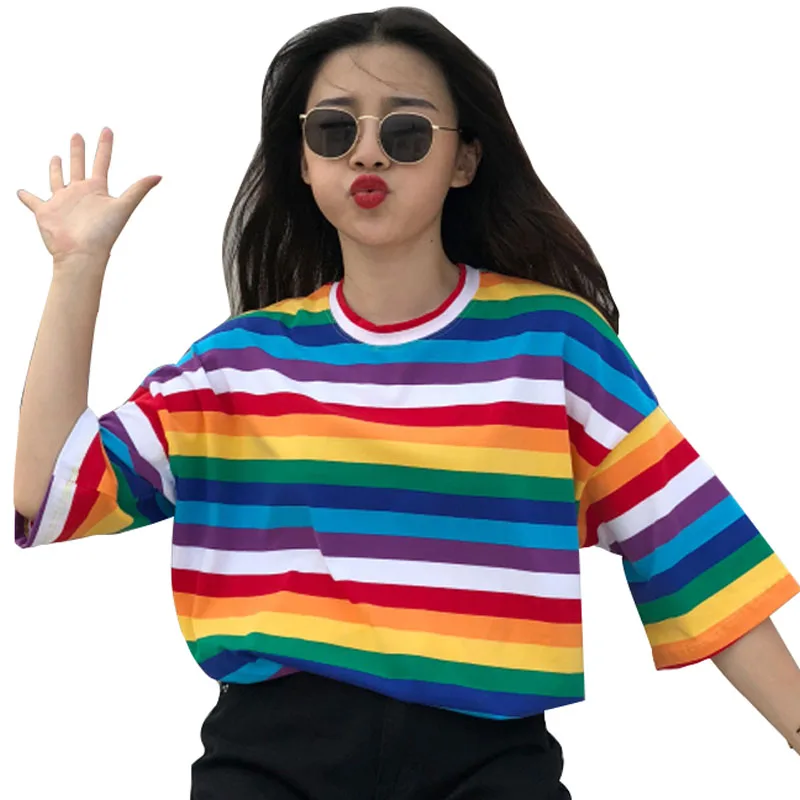 harajuku 2018 Female rainbow stripe Loose Student Casual Solid Cotton O ...
