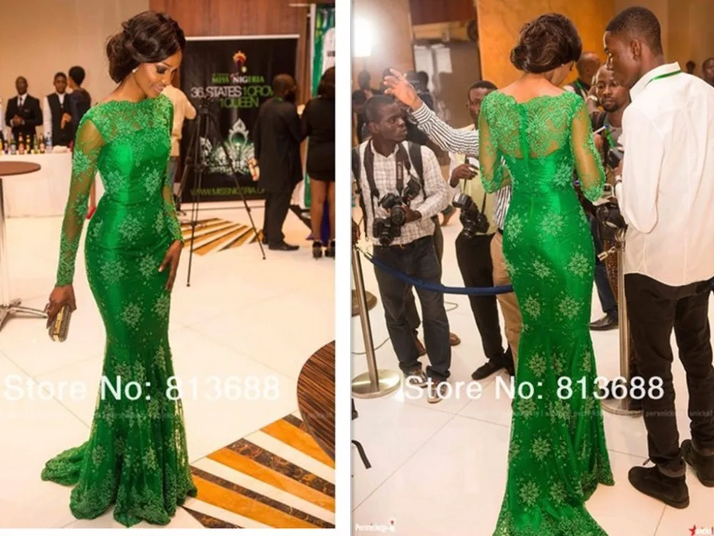 

free shipping new sexy evening dress 2016 vestido de festa green long sleeve lace party prom gown red carpet Celebrity Dresses