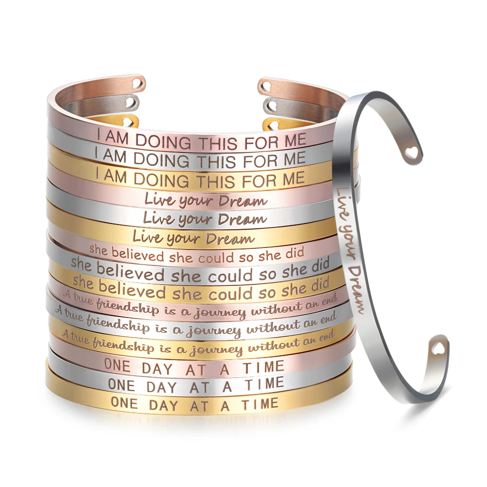 

10pcs/lot Stainless Steel Mantra Bangle Engraved Positive Inspirational Bracelet Width 4mm Open Bangle 3 Colors Plated SL-009*10
