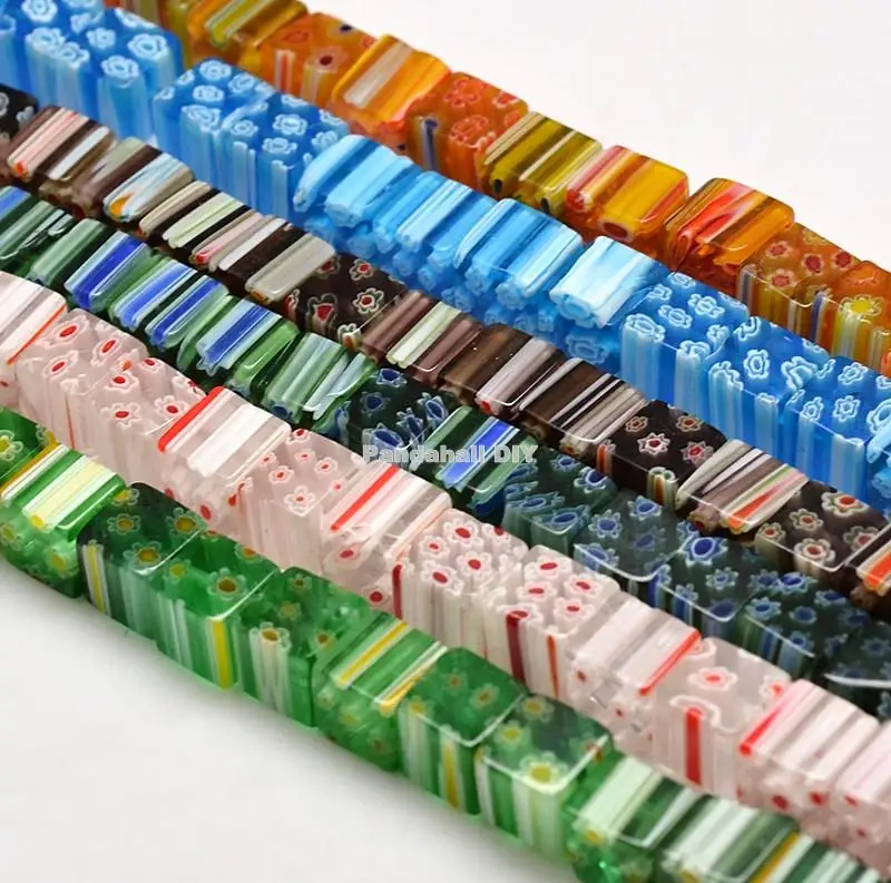 

Handmade Millefiori Glass Cube Bead Strands, Mixed Color, 8x8x8mm, Hole: 1mm, 49pcs/strand, 15.9"