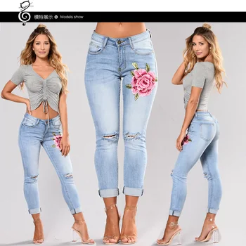 

2018 Women Skinny Denim Jeans Womens Ladies Stretch Ripped Boyfriend Denim Big Sizes Jeans With Embroidery Vintage Jeans Flores