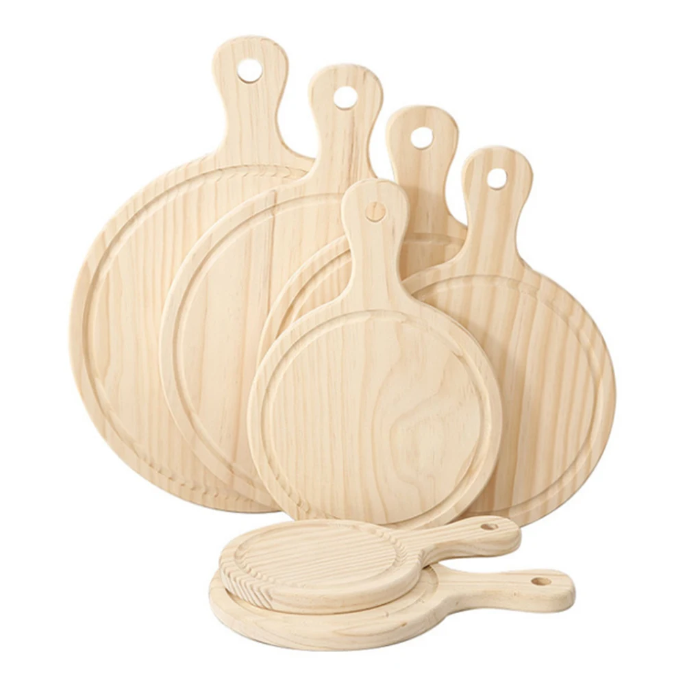 

7 Size Wooden Round Pizza board with Hand Pizza Baking Tray Pizza Stone Cutting Board Platter Pizza Cake Bakeware Tools
