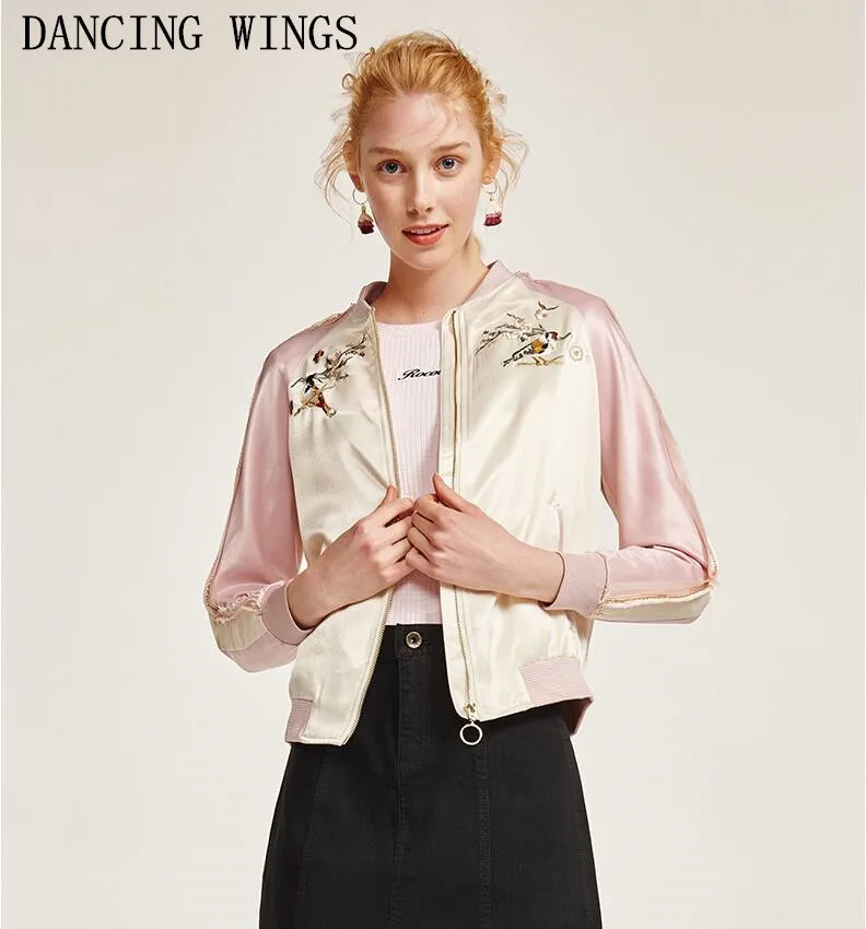 

Spring Fashion Stand Collar Flower Embroidery Baseball Basic Jacket Female Green Pink Short Coat
