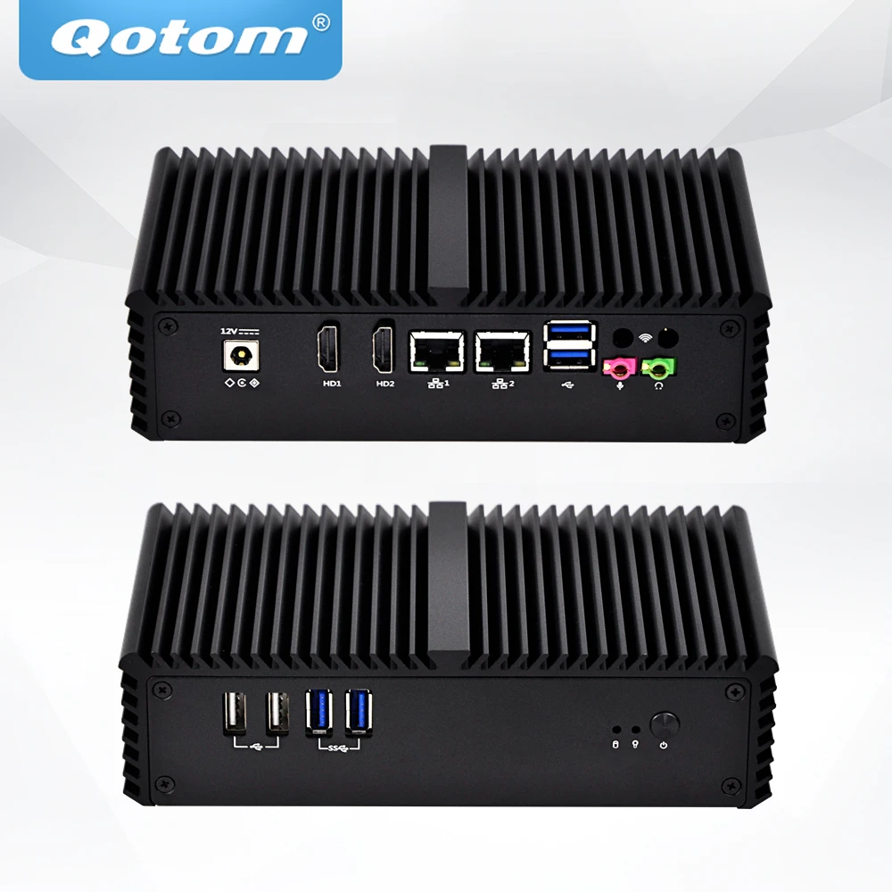 QOTOM Мини-ПК с Celeron 3215U/4th поколения Core i3/i5 процессор, без вентилятора Мини-ПК 2 LAN, 6 USB, мини настольный DC 12 В