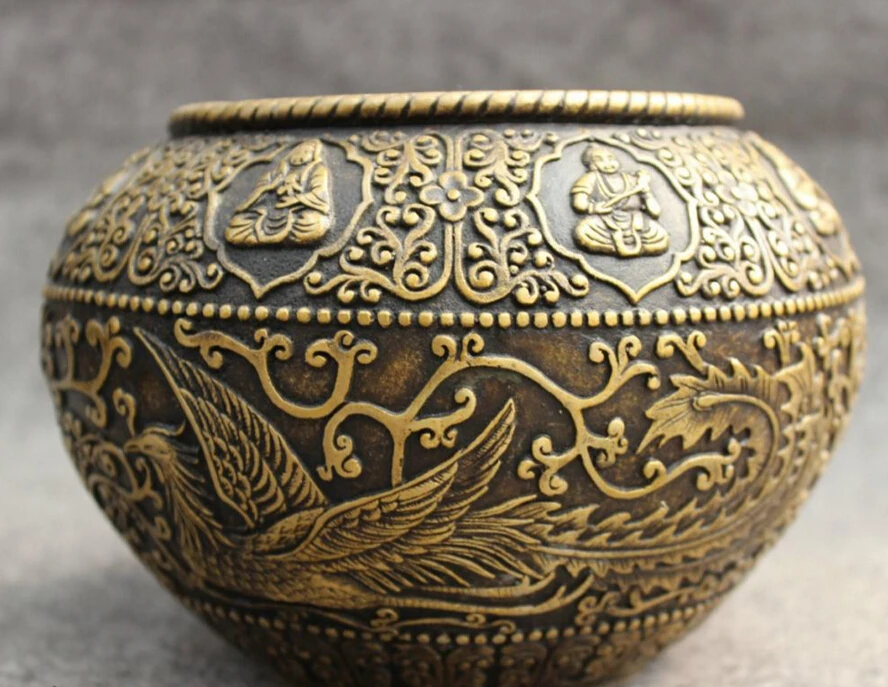 

S3348 Folk Chinese Buddhist Bronze Fly Dragon Phoenix Statue Buddha Flower Jar Bowl D0317