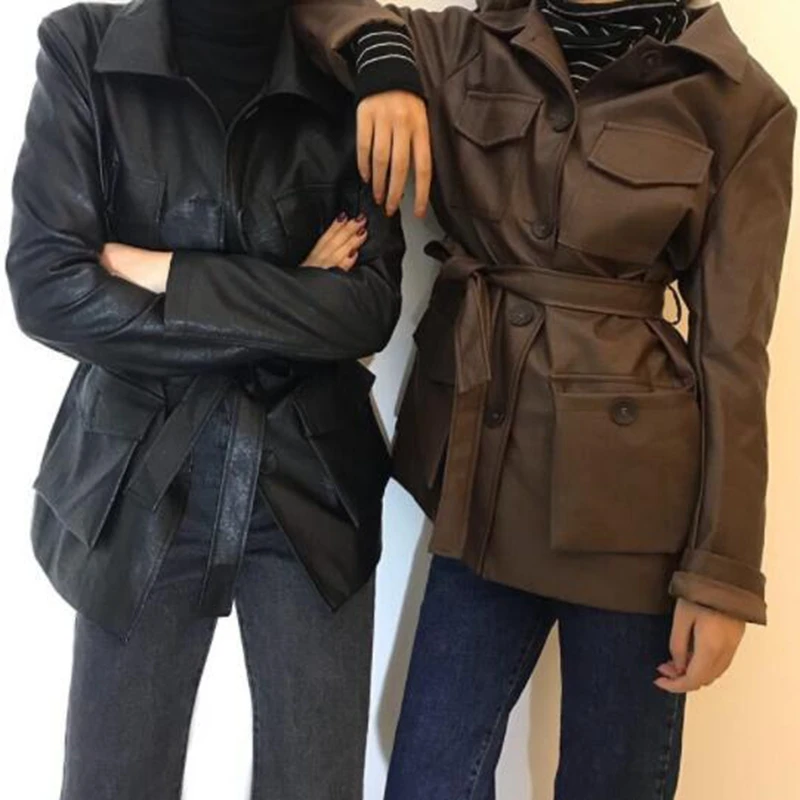 2018 Осень Новый Dongdaemun Ретро лацкан красивый пояс из искусственной кожи длинный