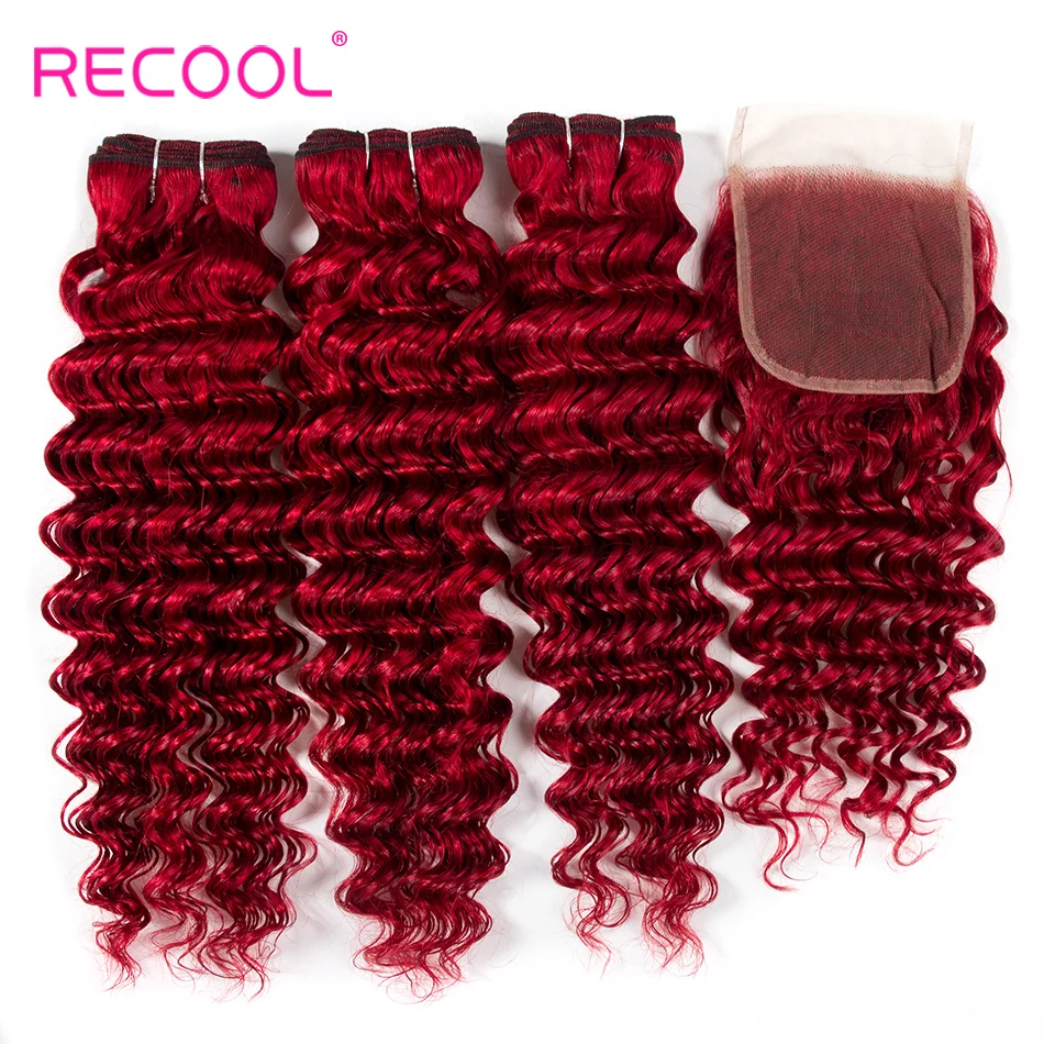 Recool Hair Red Deep Bundles With Closure Brazilian Deep Wave Human Hair Weave Bundles With Closure Remy No Tangle