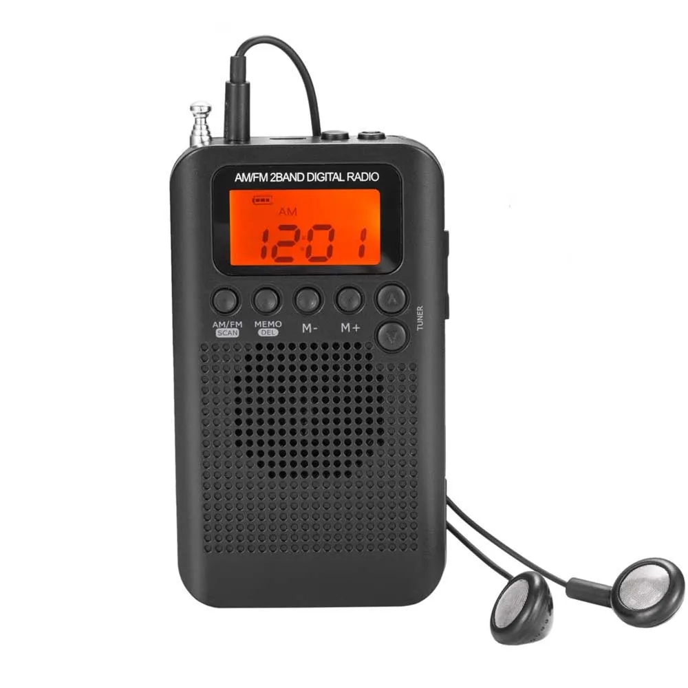 Мини lcd Цифровой FM/AM портативный радио динамик с будильником и функцией отображения времени 3,5 мм разъем для наушников и кабель - Цвет: Черный