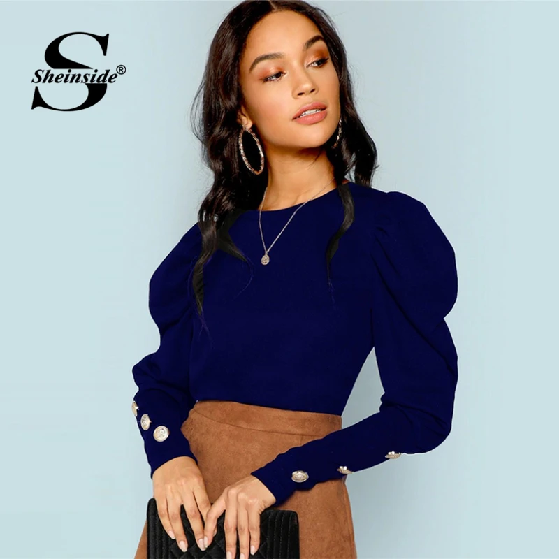 

Sheinside Blue Office Ladies T Shirt Women Puff Sleeve With Button Solid Tee Shirts 2018 Autumn Elegant Womens Long Sleeve Tops