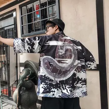 

Summer Men Shirts 2019 New Korean Five-point Sleeve Dragon Print Shirt Loose BF Harajuku Fashion Casual Shirts Tops Men